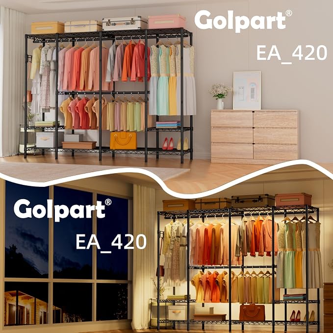 Golpart Heavy Duty Garment Rack Clothes Rack,Large Metal Closet Organizer System Storage Wardrobe,Freestanding Clothing Rack with Adjustable Wire Shelves& Hang Rods,MaxLoad 1000lbs