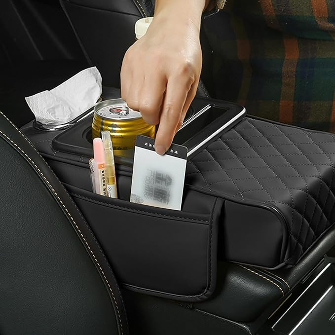 Car Armrest Cushion, 5-in-1 Center Console Cover with 2 Storage Bags Cup Holder, Cup Holder Tissue Slot Phone Slot for Car, Universal Car Armrest Box Cover Protection Pad for Most Vehicles (C)