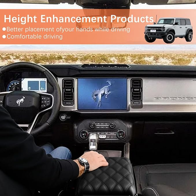 Center Console Cover for 2021-2026 Ford Bronco Center Console Armrest Cover PU Leather for Ford Bronco Armrest Cushion Pad Cover for 2021-2026 Ford Bronco Accessories with Side Pockets