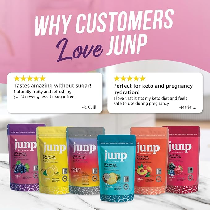 JUNP Sugar Free Electrolytes Powder Packets for Water Salt & Potassium Instant Hydration Packets, Zero Calorie No Carbs No Sugar Electrolyte Drink Mix Sticks, Keto Friendly Vine Ripened Grape 20 Pack