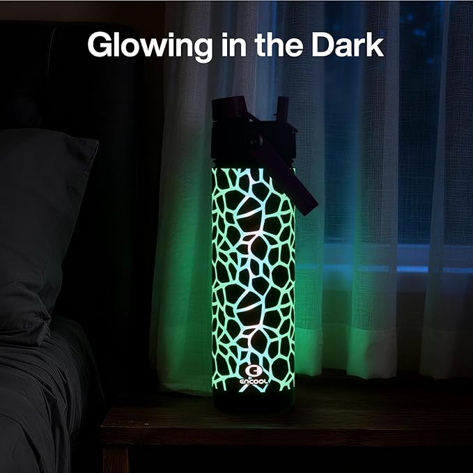 ENCOOL Insulated Water Bottle with Straw Stainless Steel Water Bottle, Glow in the Dark, Leak-Proof, BPA-Free, Keeps Cold for 24 Hours for Sports, Travel, School (26 oz, Bubble)