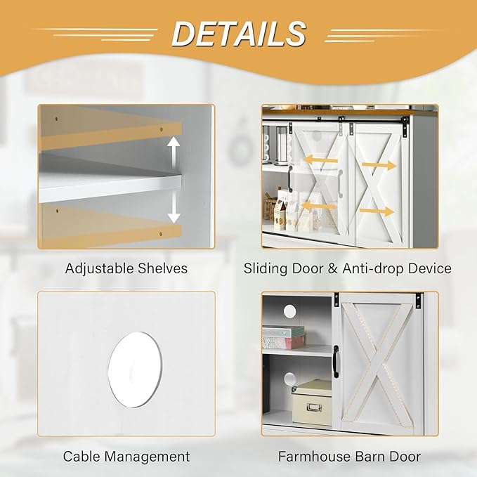 4 EVER WINNER Farmhouse Coffee Bar Cabinet, 59" Buffet Cabinet with Storage & Sliding Barn Doors, Kitchen Storage Cabinet, Coffee Station, Living Dining Room, White