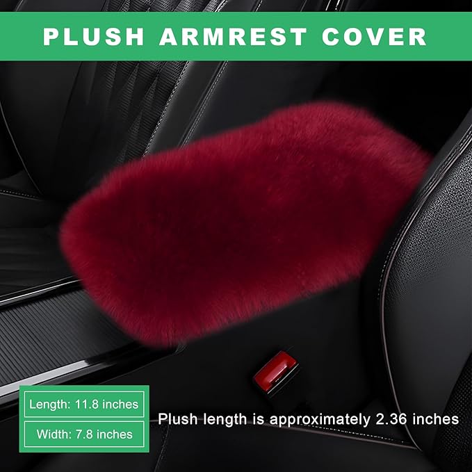 Furry Car Center Console Cover Pad, 11.8"×7.9" Auto Fluffy Plush Center Armrest Protective Cover, Comfortable Fuzzy Armrest Seat Box Protector Cushion for Cars Trucks SUVs (Wine Red)