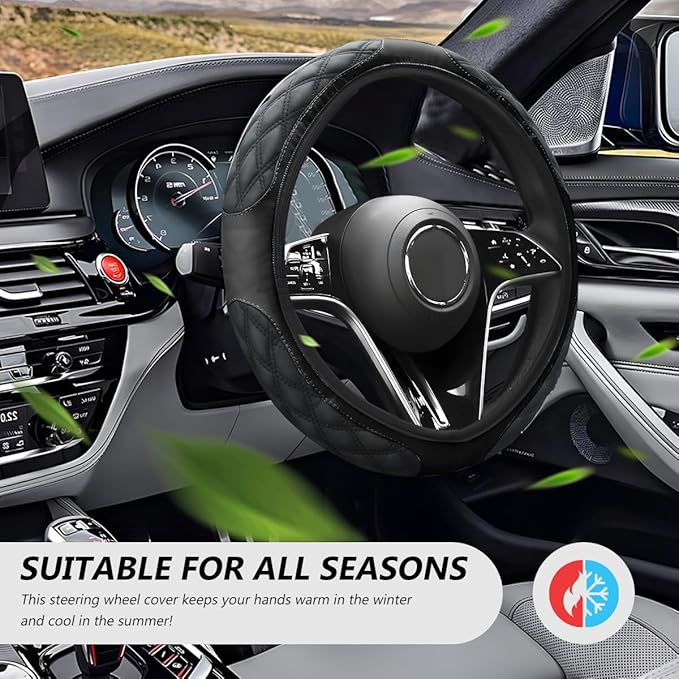Car Steering Wheel Cover, 15 Inches Leather Steering Wheel Protector with Non-Slip Grip, Universal Wheel Covers Interior Decoration for Sedens Trucks SUVs, Car Accessories (Black)
