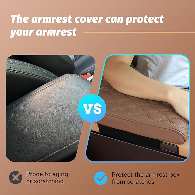 Car Center Console Cover, Leather Waterproof Vehicle Armrest Box Pad, Memory Cotton Comfortable Automotive Interior Seat Box Cushion Protector Accessories, Universal for Most Cars (Brown)
