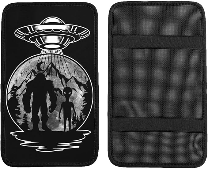 UFO Alien and Bigfoot Moon Car Armrest Pads Auto Seat Handrail Box Decoration Cushion Fit for Most Vehicles Accessories, Universal Car Center Console Cover Pad Protector Funny Design