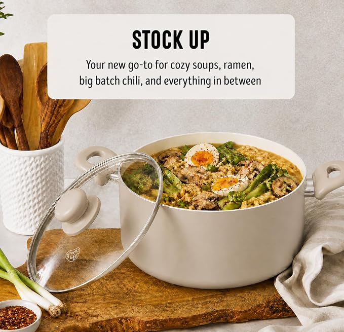 GreenLife 5 Quart Nonstick Stock Pot with Lid, Non-Toxic Ceramic Pot, Dishwasher Safe, Induction Ready, Fast Heating, Stay-Cool Handles, Kitchen Casserole, Soup, Pasta, Easy Clean, Beige Taupe