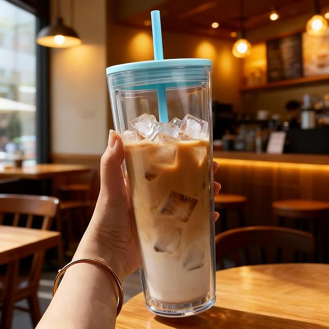 24oz Tumbler with Lid and Straw, Leak Proof and Double Wall Insulated Reusable Plastic Cups,Travel Reusable Iced Coffee Cup (1, Blue)