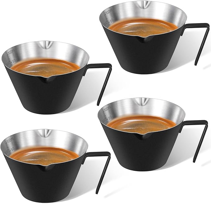 4 Pcs Stainless Steel Espresso Cups with Handle, Double Spout Metal Measuring Cup with Dual Scale, Espresso Shot Cup with V-Shaped Mouth, 3.4oz/100ml (Black)