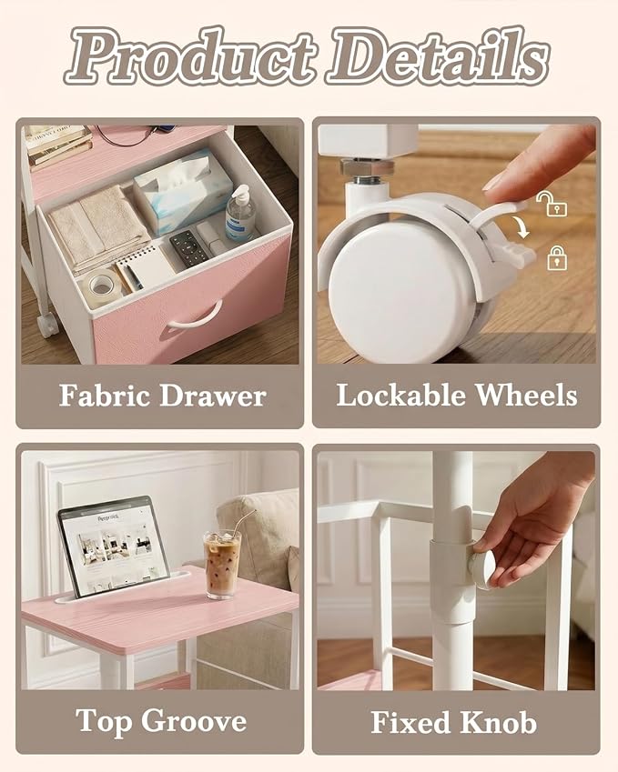 Faesun Swivel Lift Top Nightstand with Charging Station, Rolling Side Table for Recliner, Bedside Table with Wheels & a Fabric Drawer, for Small Spaces, for Bedroom, Living Room, Pink