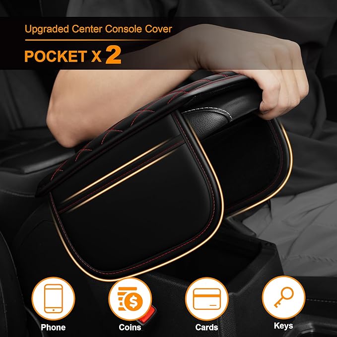 Center Console Cover for Cars Fit for Jeep Cherokee Leather Armrest Covers with 2 Storage Bags(Black&Red)