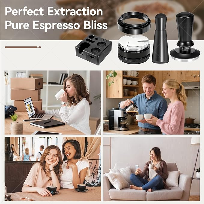 51mm Espresso Accessories Kit (9 PCS) - Tamper, Coffee Distributor, WDT Tool, Puck Screen, Dosing Funnel & Latte Art Set with 16 Stencils for Home Baristas