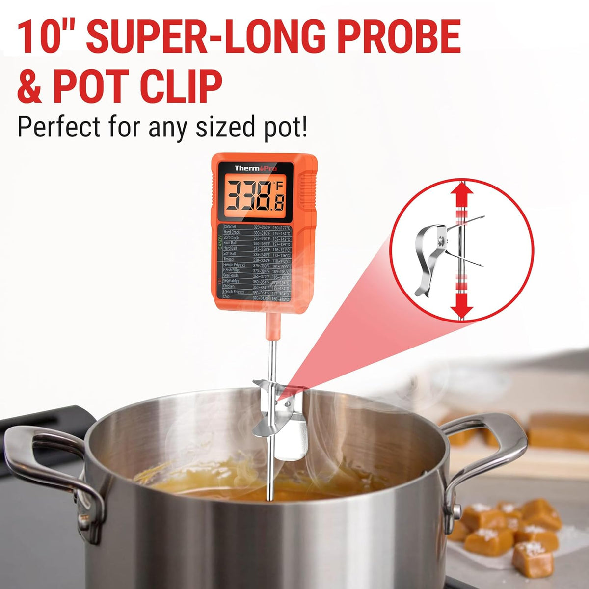 ThermoPro TP510 Waterproof Digital Candy Thermometer with Pot Clip, 8.1" Long Probe Instant Read Food Cooking Meat Thermometer for Grilling Smoker BBQ Deep Fry Oil Thermometer