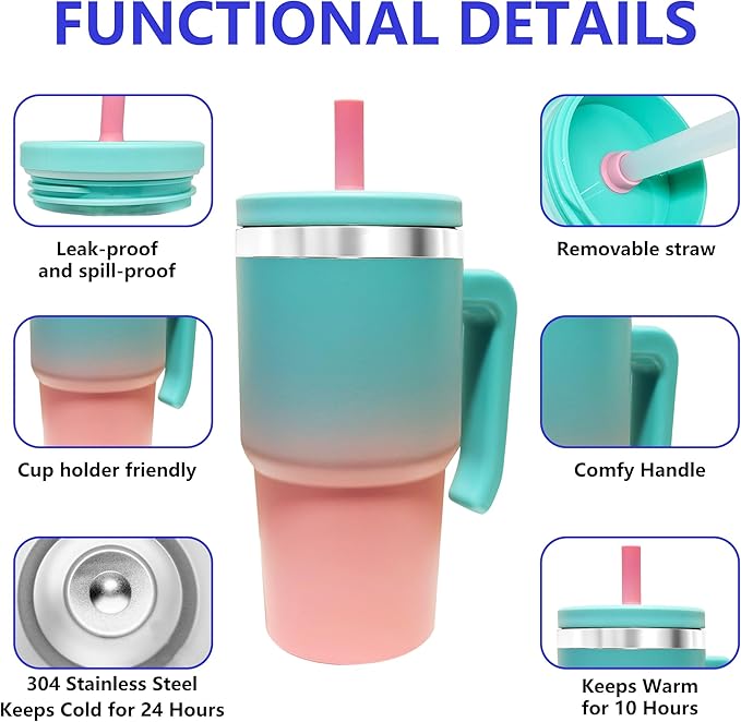 20-OZ Insulated Water Bottle,Insulated Stainless Steel Tumbler,Reusable Cold Drink Thermos,BPA-Free, Double-Wall Stainless Steel Water Bottle (Pink Blue Gradient, 20, Fluid Ounces)