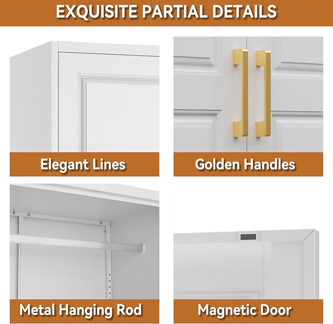 Polup Metal Armoire Closet, 86 Inch Tall Wardrobe Armoire with Hanging Rod, Almirah for Clothes with Doors, 18" D x 32" W x 86" H, White, Assemble Required, Shipped in Two Packages