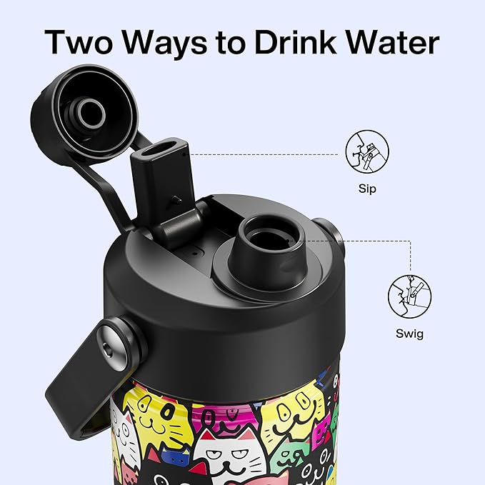ENCOOL Insulated Water Bottle with Straw Stainless Steel Water Bottle, Leak-Proof, BPA-Free, Double Wall Vacuum Keeps Cold for 24 Hours for Sports, Travel, School (26 oz, Cat Pattern)