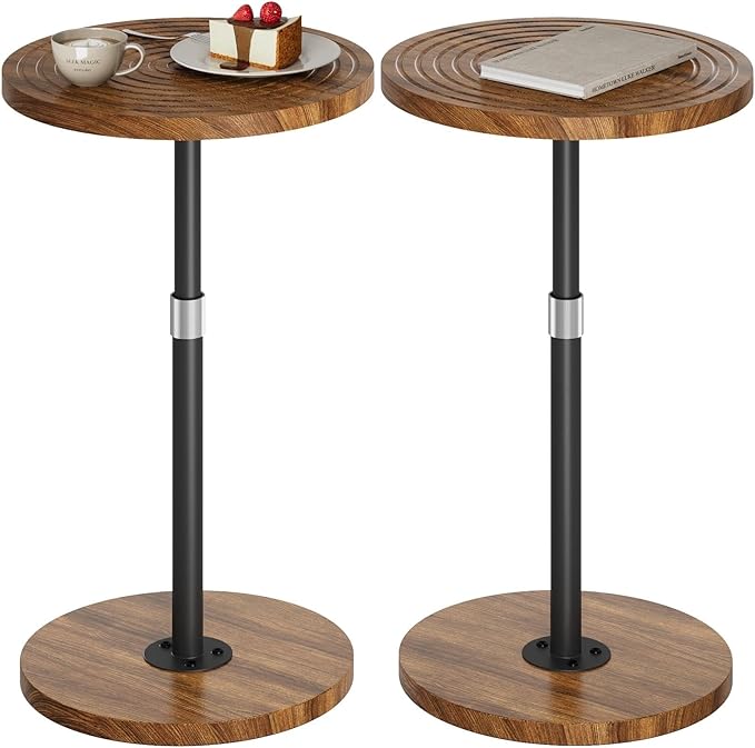 Round Side Table Set of 2, Adjustable-Height Small Drink Table, Pedestal Martini Stand, Weighted Base Cocktail Table Accent Nightstand for Living Room, Bedroom, Bathroom, Office, Walnut