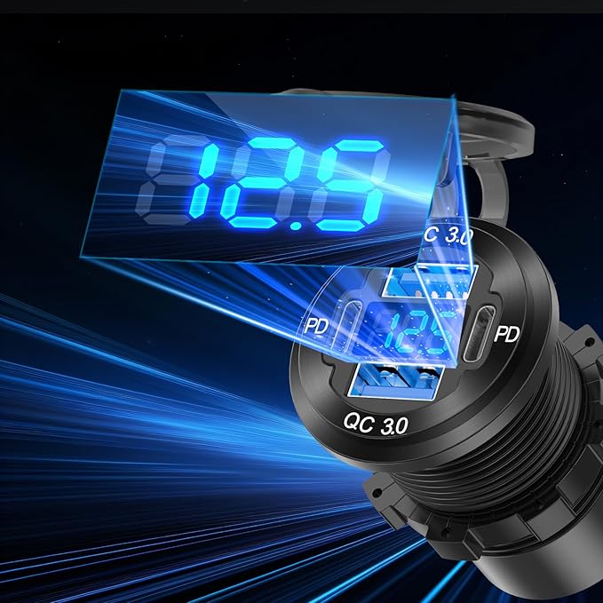 78W 12V USB Outlet 4 Port Car Charger Socket, Dual PD USB C and Dual Quick Charge 3.0 Port Aluminum Charger with Voltmeter DIY Kit Waterproof for Car Boat Marine Motorcycle RV ATV Truck Golf Cart, etc