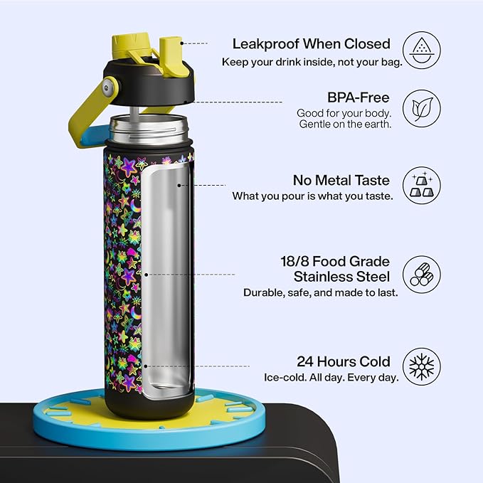 ENCOOL Insulated Water Bottle with Straw Stainless Steel Water Bottle, Glow in the Dark, Leak-Proof, BPA-Free, Keeps Cold for 24 Hours for Sports, Travel, School (26 oz, Neon Galaxy)