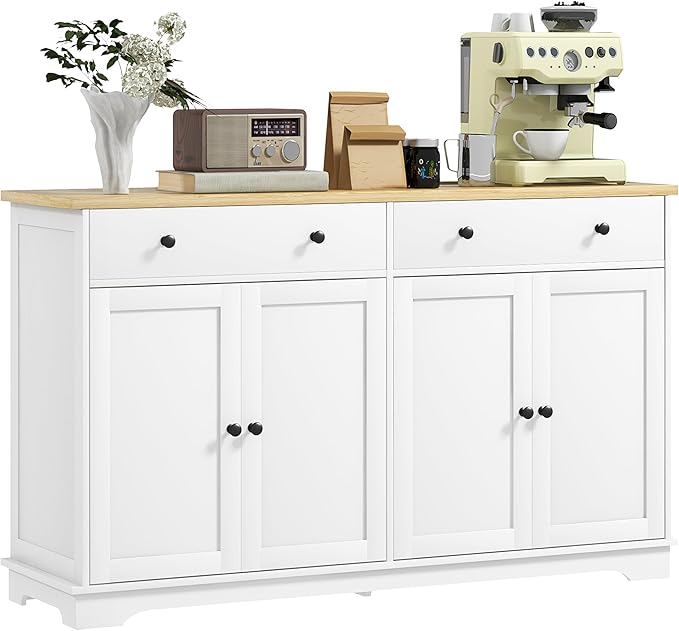 HOMCOM Sideboard Buffet Cabinet with Storage, 55" Modern Kitchen Cabinet with 4 Doors, 2 Drawers and 2 Adjustable Shelves, Coffee Bar Cabinet, White