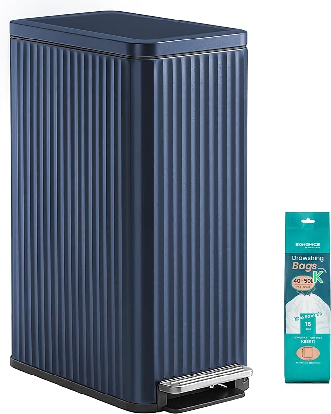 SONGMICS Trash Can, 13 Gallon (50 L) Slim Garbage Can for Kitchen, with Soft-Close Lid, Pedal, Removable Inner Bucket, Stainless Steel, 15 Trash Bags, Space-Saving, Midnight Blue ULTB350QZ01