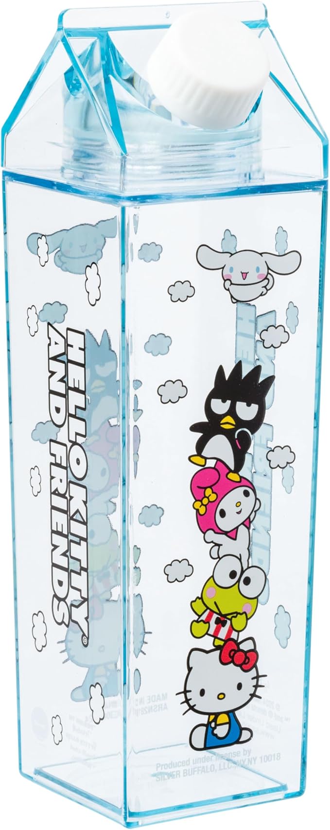 Silver Buffalo Sanrio Hello Kitty and Friends Featuring Cinnamoroll, Badtz-Maru, My Melody, and Keroppi Plastic Milk Carton Pitcher Bottle, 16.2 Ounces