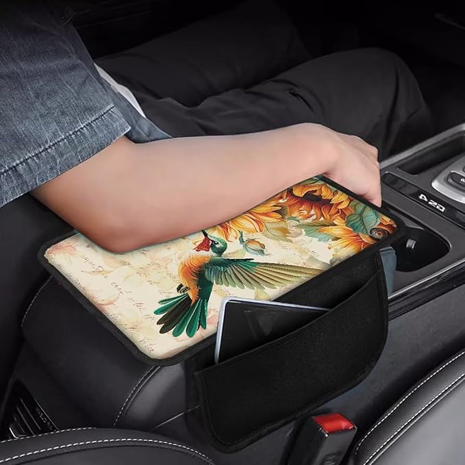 BIGCARJOB Hummingbird Print Car Armrest Box Pad with Side 2 Storage,Sunflower Print Armrest Cover for Cars Truck Cute Auto Interior Accessories Center Console Organizer Storage Box
