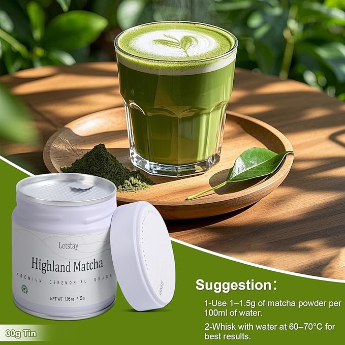 Letstay Matcha, Matcha Powder Ceremonial Grade Highland Matcha Tea Organic Matcha Green Tea - Premium 1st Harvest - Zero Sugar, Halal Certified & SGS Certified & FSSC 22000, 30g (1.06oz) Tin