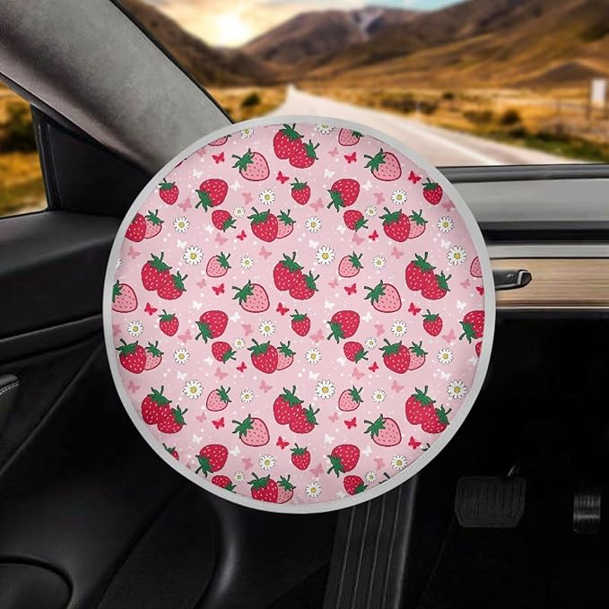 Strawberry Steering Wheel Shade Cover 17 Inch Pink Car Rudder Sunblock Cover for Summer Heat Resistant Steering Wheel Sunblock Cover for Most Vehicle Gift for Holiday