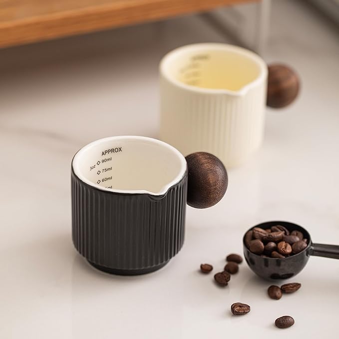 KEMORELA Demitasse Cups, Espresso Cups Set of 2, 3oz Double Spouts, Ceramic Espresso Cups, 90ml with Ounce & Milliliter Markings, Durable Heat-Resistant, Espresso Accessories for Coffee Lovers