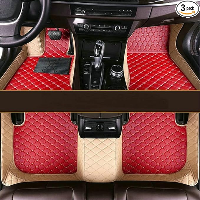 Custom Fit Car Floor Mats - Full Coverage Automotive Leather Floor Liners for Most Vehicles by MingyunSM (red & Beige)