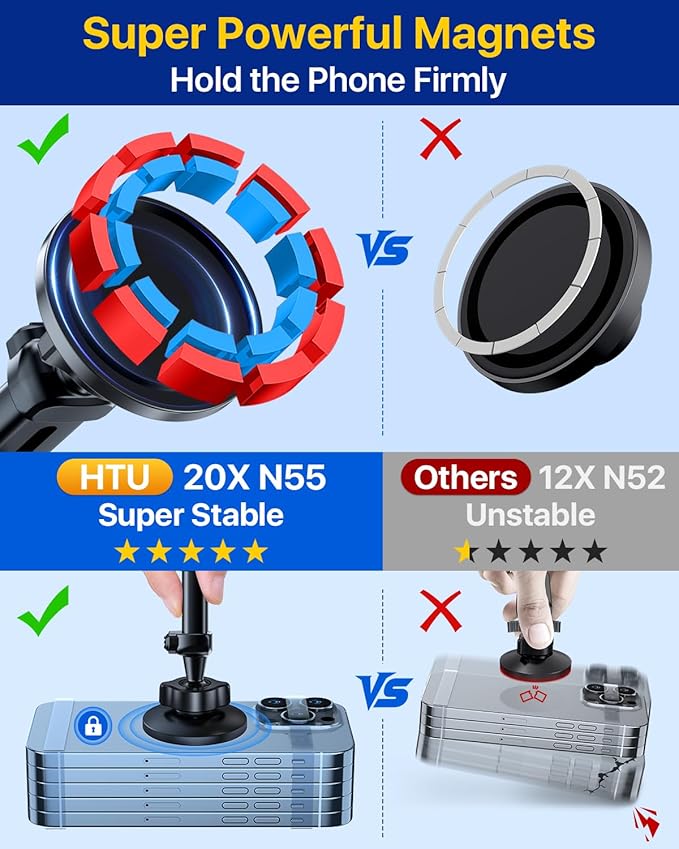 【Military-Grade】HTU for MagSafe Car Mount【Upgraded Strongest Suction】Magnetic Phone Holder Cell Stand for Dashboard Windshield Vent,Truck Cradle for iPhone 17 Pro Max 16 15 14 13 12 Tesla,Neutral Gray