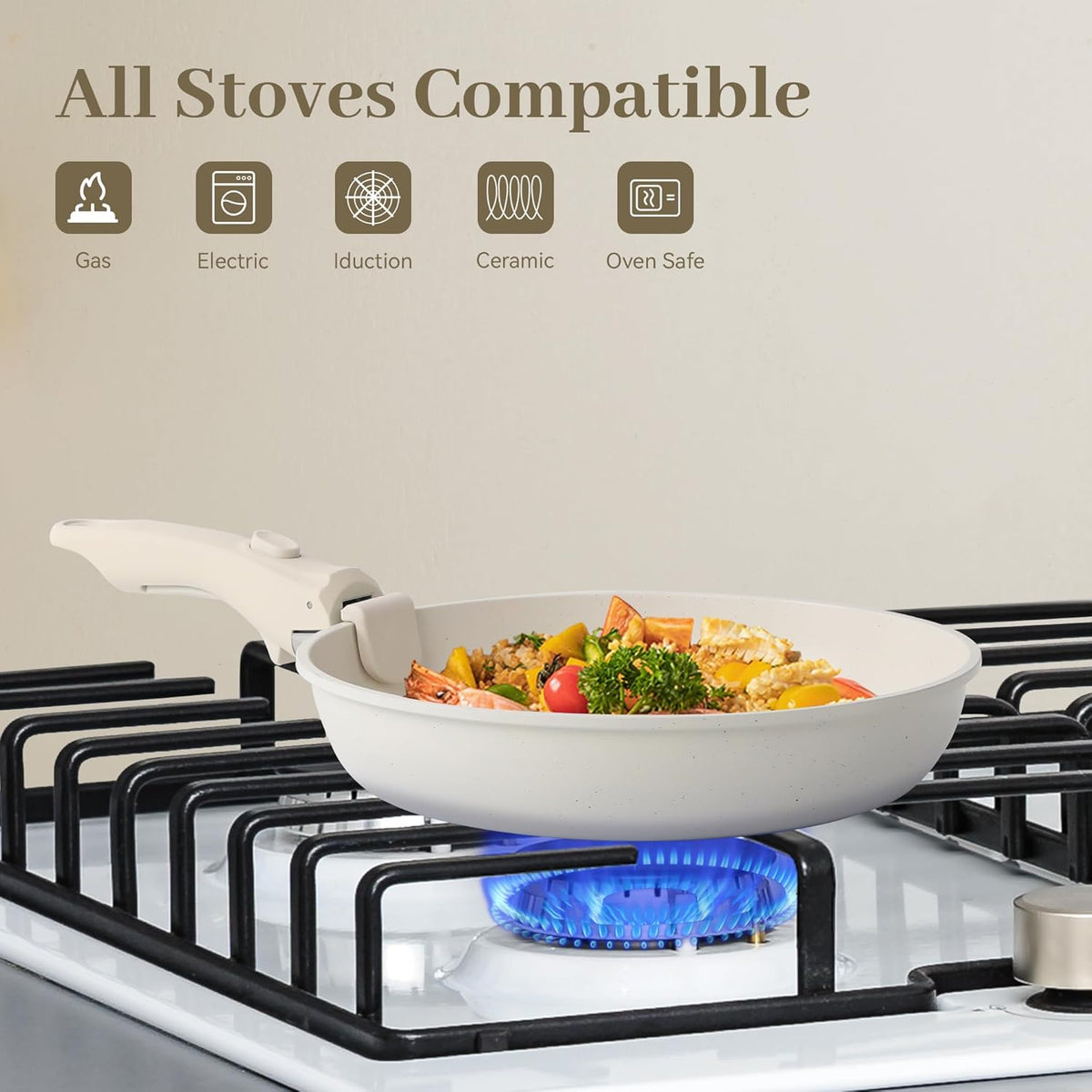 5PCS Pots and Pans Set Non Stick, Kitchen Cookware Sets with Detachable Handle, Induction Cookware Sets, Non Stick RV Cookware Cooking Set, Dishwasher ＆ Oven Safe, PFOA Free, Cream White