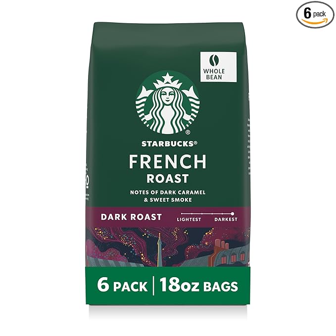 Starbucks Whole Coffee Beans, Dark Roast Hot or Iced Coffee, French Roast, Six 18 oz Bags