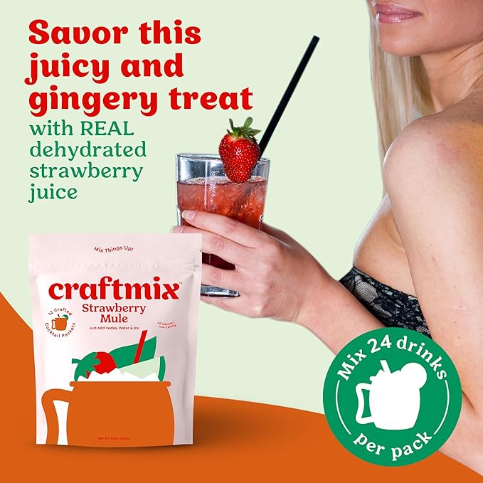 Craftmix Strawberry Mule Cocktail & Mocktail Drink Mixer, Skinny Mixes - Water Flavoring Packets - Made With Real Fruit - Vegan, Low-Carb, Low-Sugar, Non-GMO, Dairy Free, Gluten Free, 24 Pack