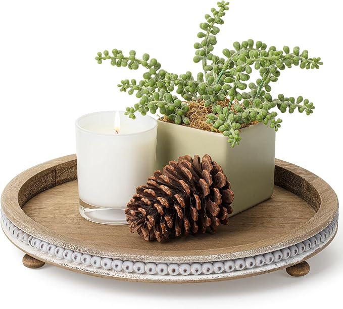 Bamboo Land- Round Decorative Trays for Coffee Table, 12", Warm Brown, Wood Tripod & Beaded Design, Wooden Round Tray for Coffee Table