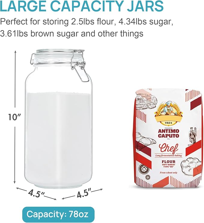 Vtopmart 78oz Glass Food Storage Jars with Airtight Clamp Lids, 3 Pack Large Kitchen Canisters for Flour, Sugar, Cereal, Coffee, Pasta and Canning, Square Mason Jars with 8 Reusable Labels