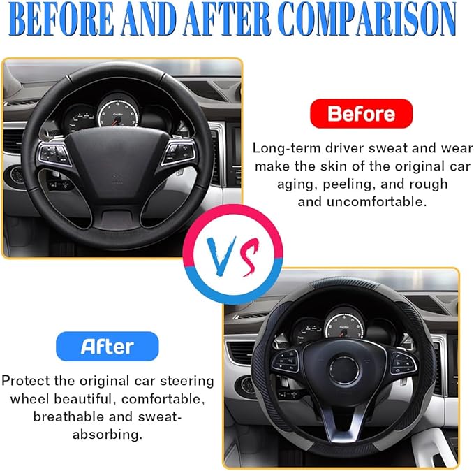 15 inch Car Steering Wheel Cover, Carbon Fiber Microfiber PU Leather Elastic Steering Wheel Protector for Men Women, Anti-Slip Breathable Car Interior Accessories (Grey)