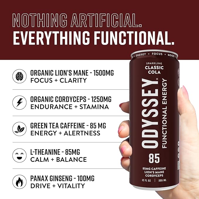 Odyssey Functional Energy Drink for Focus, Cognition & Mood Support 12 Pack - Adaptogenic Drink with 85mg Green Tea Caffeine, Lion’s Mane, Cordyceps, L-Theanine & Ginseng, Sparkling Cola