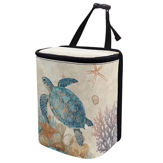 Car Accessories Back Seat Multipurpose Cars Trash Can with Lid, Leak Proof Waterproof Hanging Cars Garbage Can for Road Trip Travel, Turtle Starfish Print