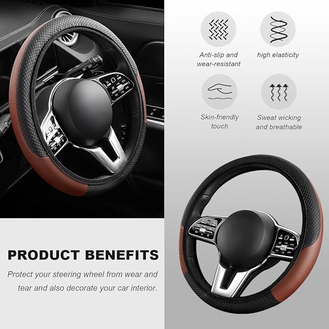 Car Steering Wheel Cover, 15 Inch Carbon Fiber Elastic Vehicle Steering Wheel Protector, Breathable Leather Auto Wheel Covers for Women Men, Interior Car Accessories (Black & Coffee, AD)
