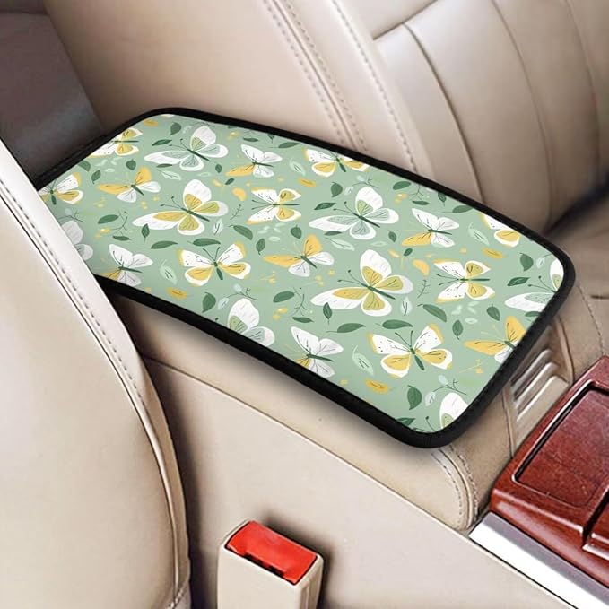 Butterflies Car Center Console Cover Sage Green Butterfly Armrest Cover Pad Cushion Cute Arm Rest Seat Box Protector Cars Decor Accessories
