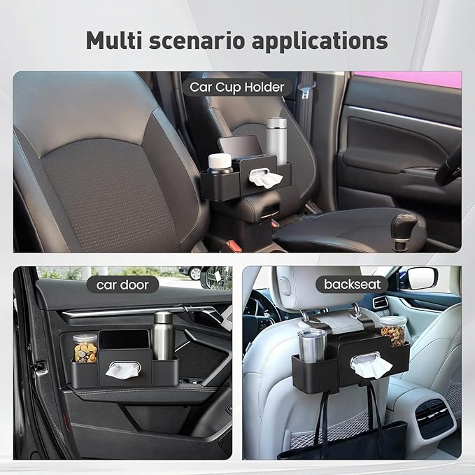 2 Pack Back Seat Car Organizer, Multifunctional Car Organizer Seat Back, with Tissue Box Holder, 2 Cup Holders & 2 Cup Hooks for Phone, Drinks, Toy, Snacks for Keeping Cars Tidy, Fits Most Vehicles