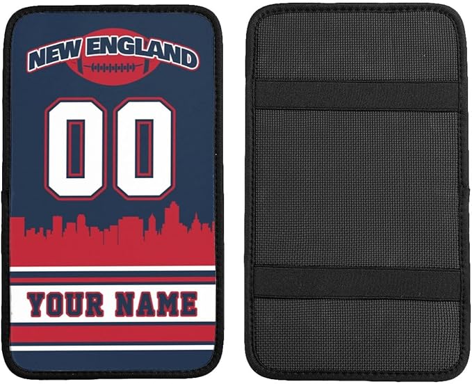 Custom New England Car Armrest Covers Personalized Football Style with Name Number Customized Auto Center Console Pad Car Handrail Box Cushion for Most Vehicle Decor Accessories, Fans Gift