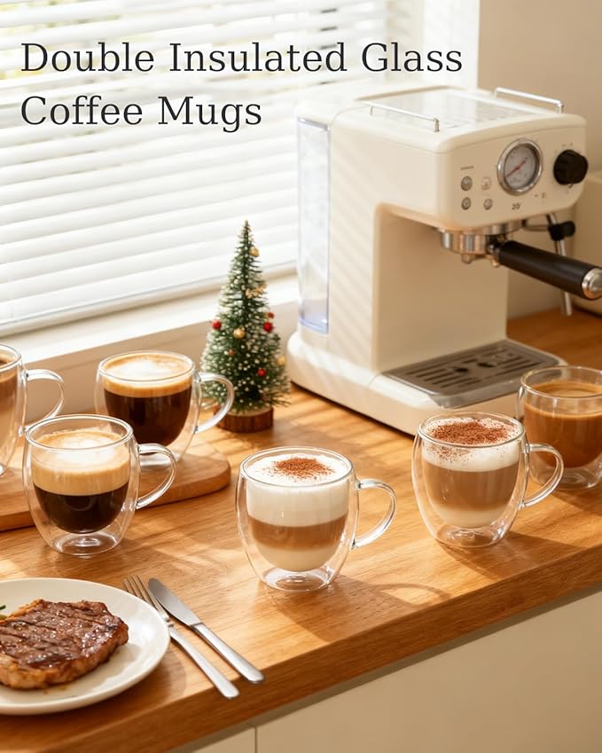 Glass Coffee Cups Set Of 2-8.5oz Double Walled Glass Coffee Mugs with Handle,Clear Insulated Borosilicate Glass Mug,Suitable for Cappuccino,Tea,Latte,Hot Beverage and Wine (2 pack 8.5oz)