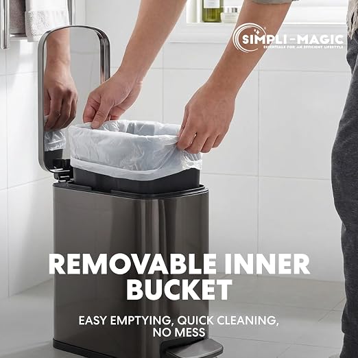 SIMPLI-Magic 6L/1.6G Stainless Steel Bathroom Trash Can with Hands-Free Foot Pedal, Quiet Soft-Close Lid, Compact Space-Saving Size