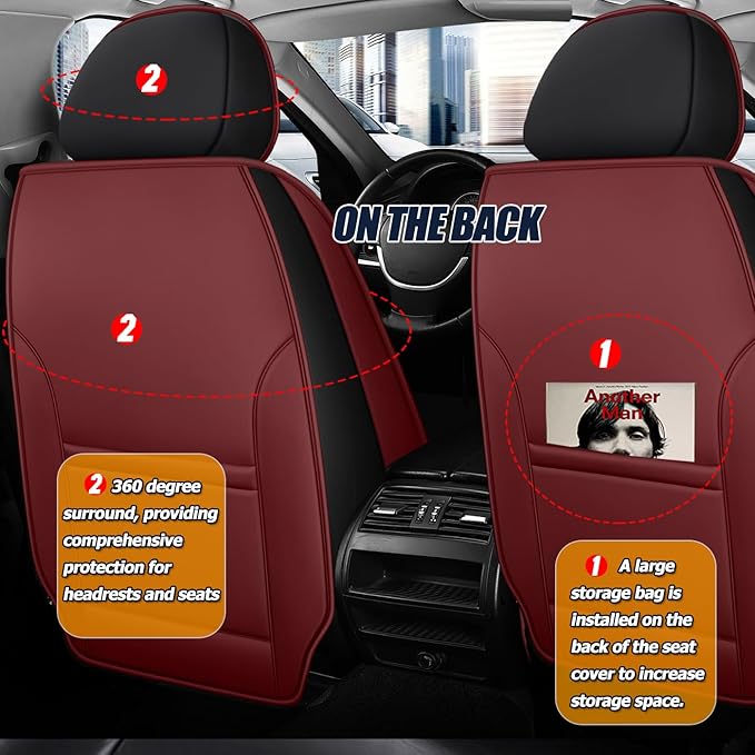 Car Seat Covers Full Set for 5 Seats - Nappa Leather 3D Foam Back Support, Super Breathable, All Season Car Seat Cushion with Storage Bags, Universal Fit for Most Cars, Colour- Burgundy