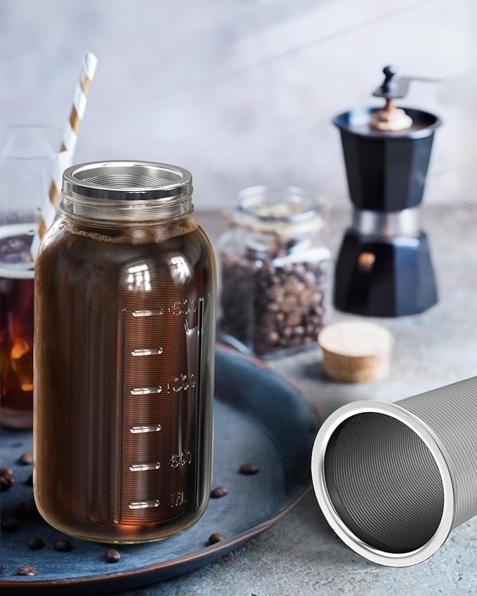 Cold Brew Strainer for 64oz Wide Mouth Mason Jars - 100-Micron Fine Mesh, Reusable 304 Stainless Steel Coffee Cold Brew Filter with Sealing Ring for Cold Brew Coffee Maker, Tea Infuser