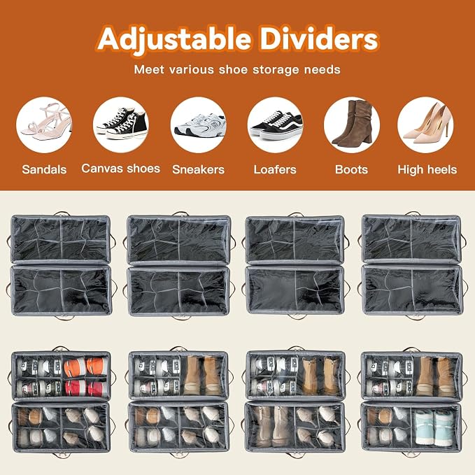 4 Pack Shoe Organizer for Closet, Space Saving, Beige | Fits 16-32 Pairs, Adjustable Dividers, Clear Cover, Reinforced Handles, Stackable & Foldable Shoe Storage Box