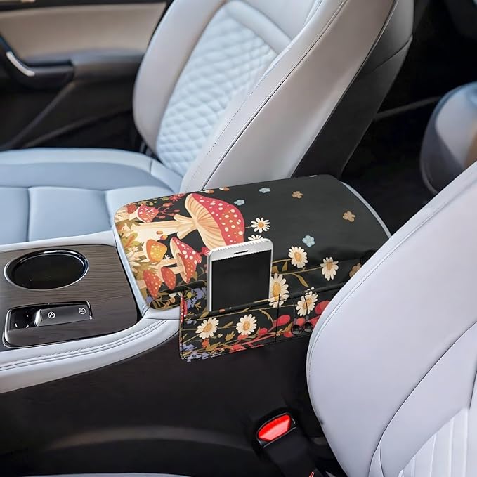 Dreaweet Center Console Cover Mushroom Cute Car Accessories for Women,Car Console Covers with Pockets,Universal Armrest Cover Soft Comfy Arm Rest Pad for Most Cars SUV Sedan